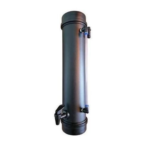 Black cylindrical water filter with a nozzle and pressure gauges.