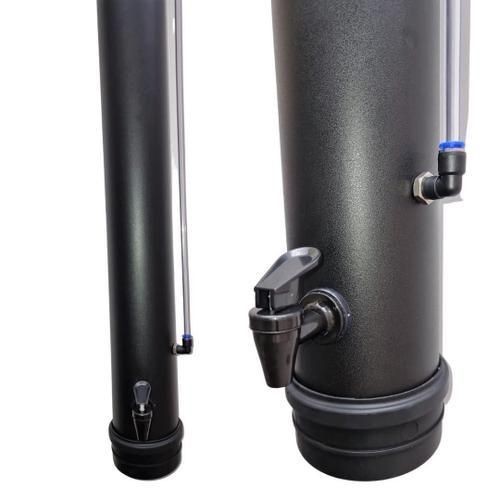 Two black tank filters with attached taps and clear vertical tubes.